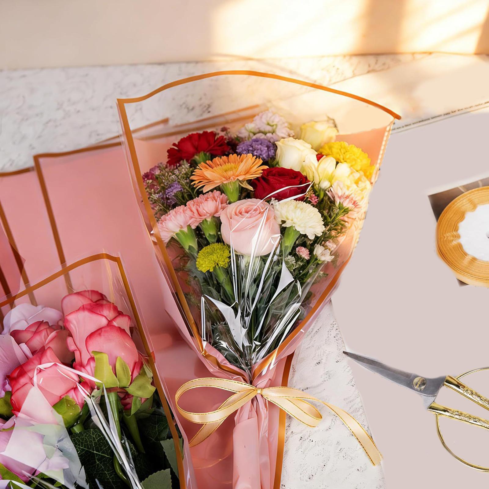 Florist Supply Ribbon - フラワーブーケバッグ 50枚入り リボン付き 花屋用品 フラワーブーケホルダー ラッピングバッグ